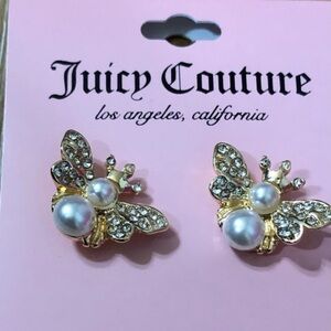 Juicy Couture pearl & rhinestone crowned bumblebee gold plated earrings  new‎